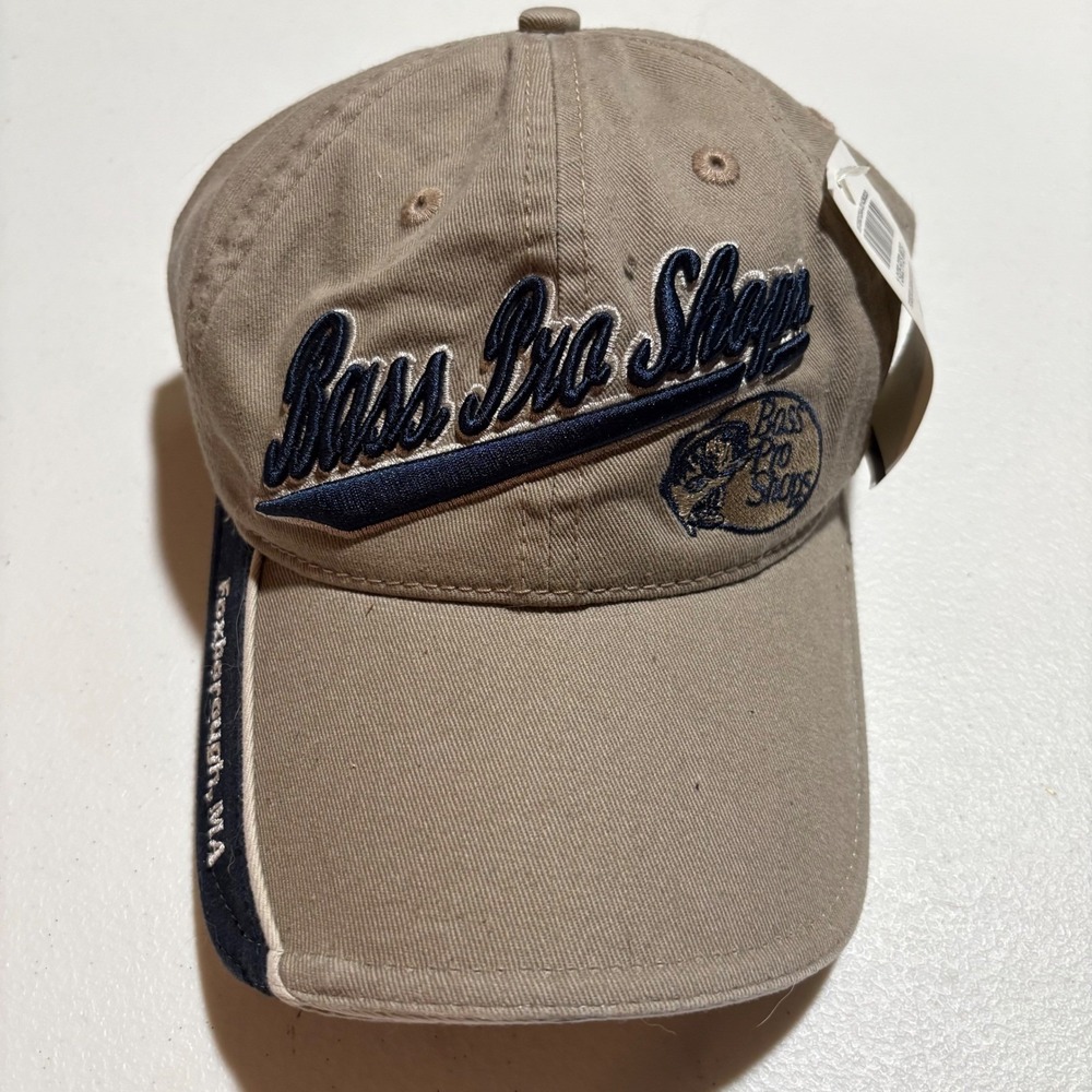 Bass Pro Shops Foxborough MA Khaki Navy Adjustable Baseball Cap Dad Hat NWT